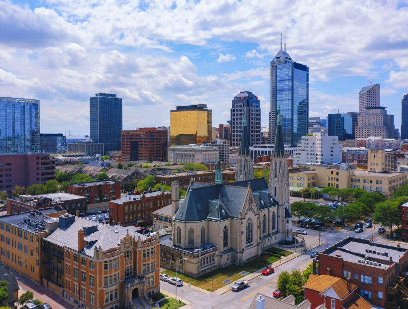 Indianapolis downtown skyline at sunset with city buildings and skyline view
